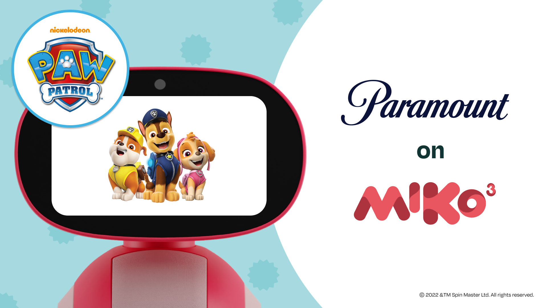 The PAW Patrol characters on Miko's screen shown next to the PAW Patrol logo and the text "Paramount on Miko 3."
